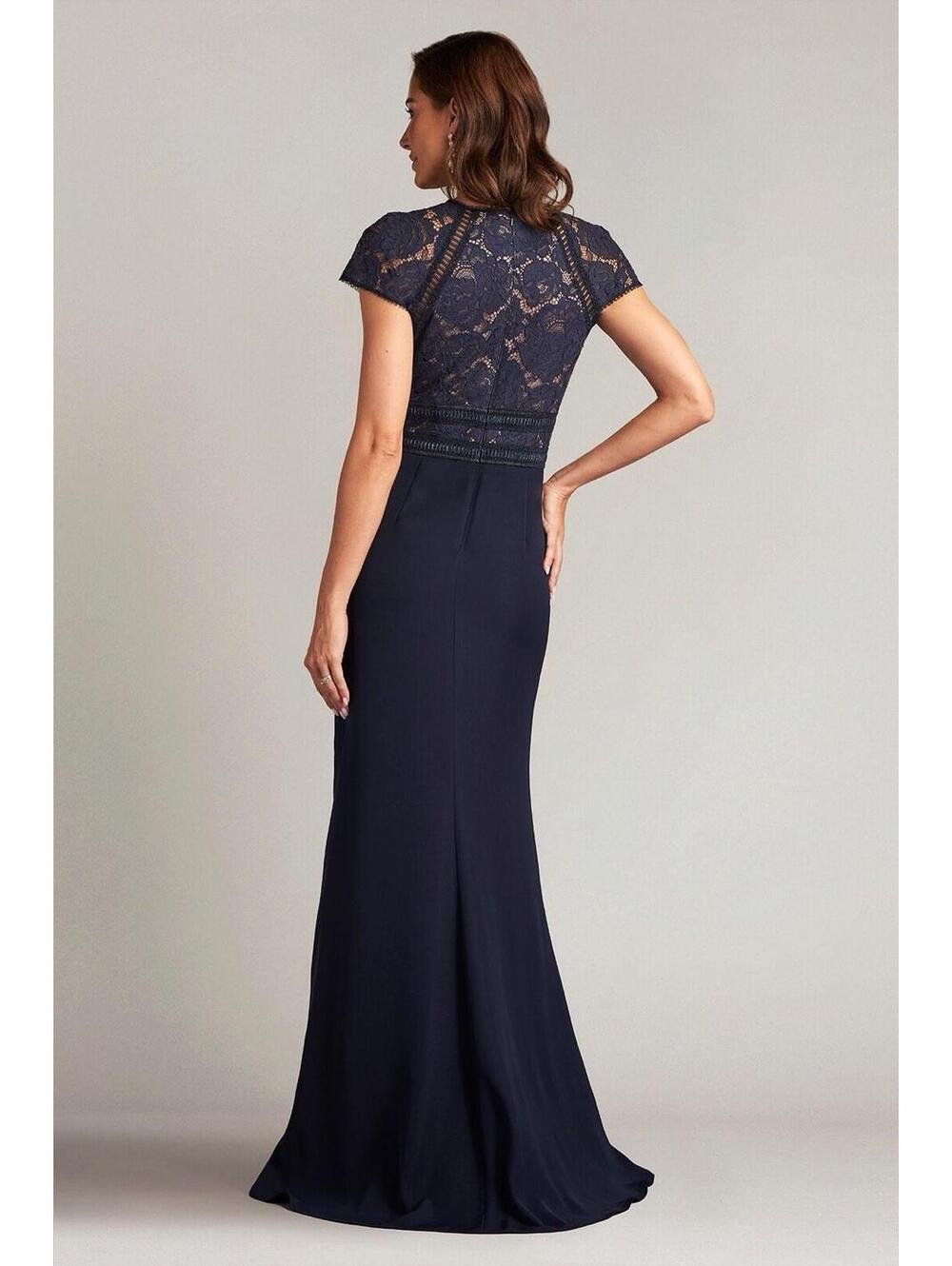 Tadashi Shoji Navy Lace-Top Floor-Length Gown with Cap Sleeves - Picture 2 of 13